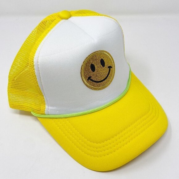 Yellow White Smiley Face Retro Trucker Snapback Hat Cap - Picture 5 of 15